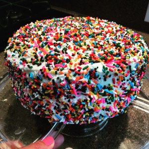 Chocolate cake mix cake, with a home made chocolate ganache filling and coconut cream cheese frosting.